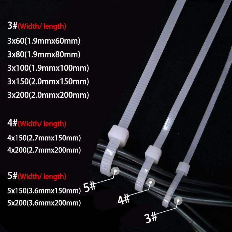 100pcs Self-locking Cable Ties Plastic Nylon Tie Fasten Zip Wire Wrap Organizer Strap White Black Fastening Ring Electric Cable