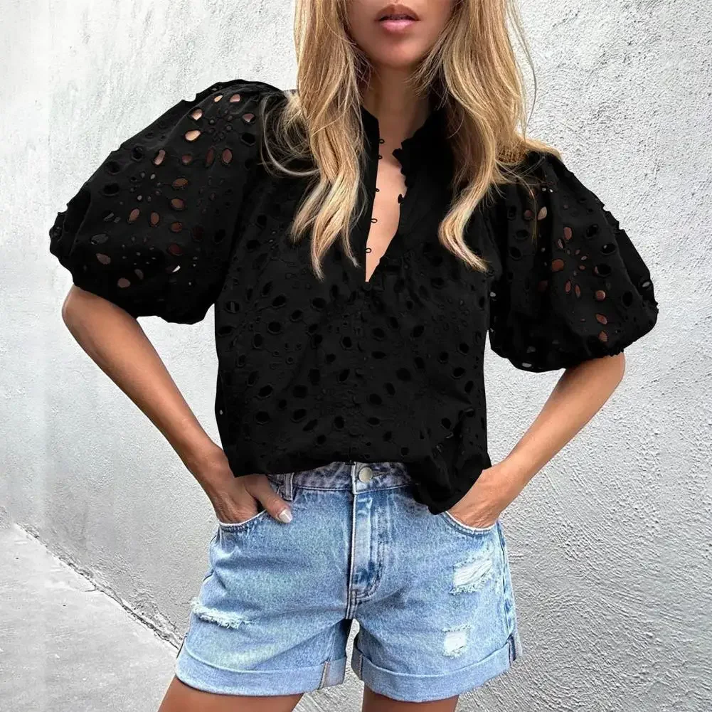 Women V-neck Shirt Button-up Women Blouse Stylish Women's Summer Tops V-neck Lantern Sleeve Shirt Embroidered Blouse Streetwear