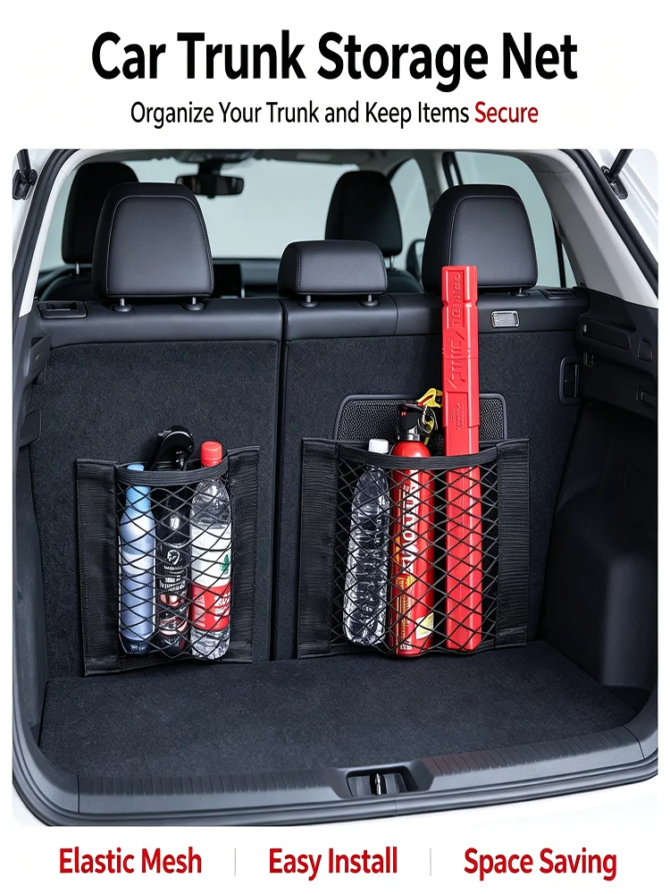 Car Trunk Storage Net Bag Magic Tape Sticker Elastic Mesh Pocket Auto Cargo Organizer for Water Bottle