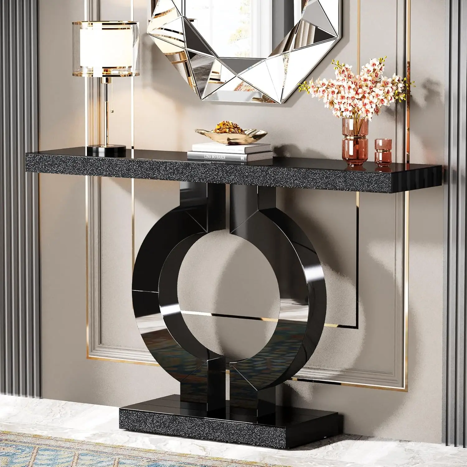 Mirrored Console Table O-Shaped Base Glass Sofa Table with Acrylic Diamond Veneer Elegant Modern Design 43