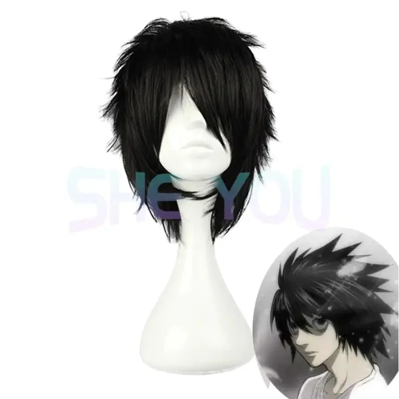 

Anime Death Note L Cos Wig Mens L.Lawliet Short Black Heat Resistant Synthetic Fluffy Hair Pelucas Cosplay Wigs + Wig Cap