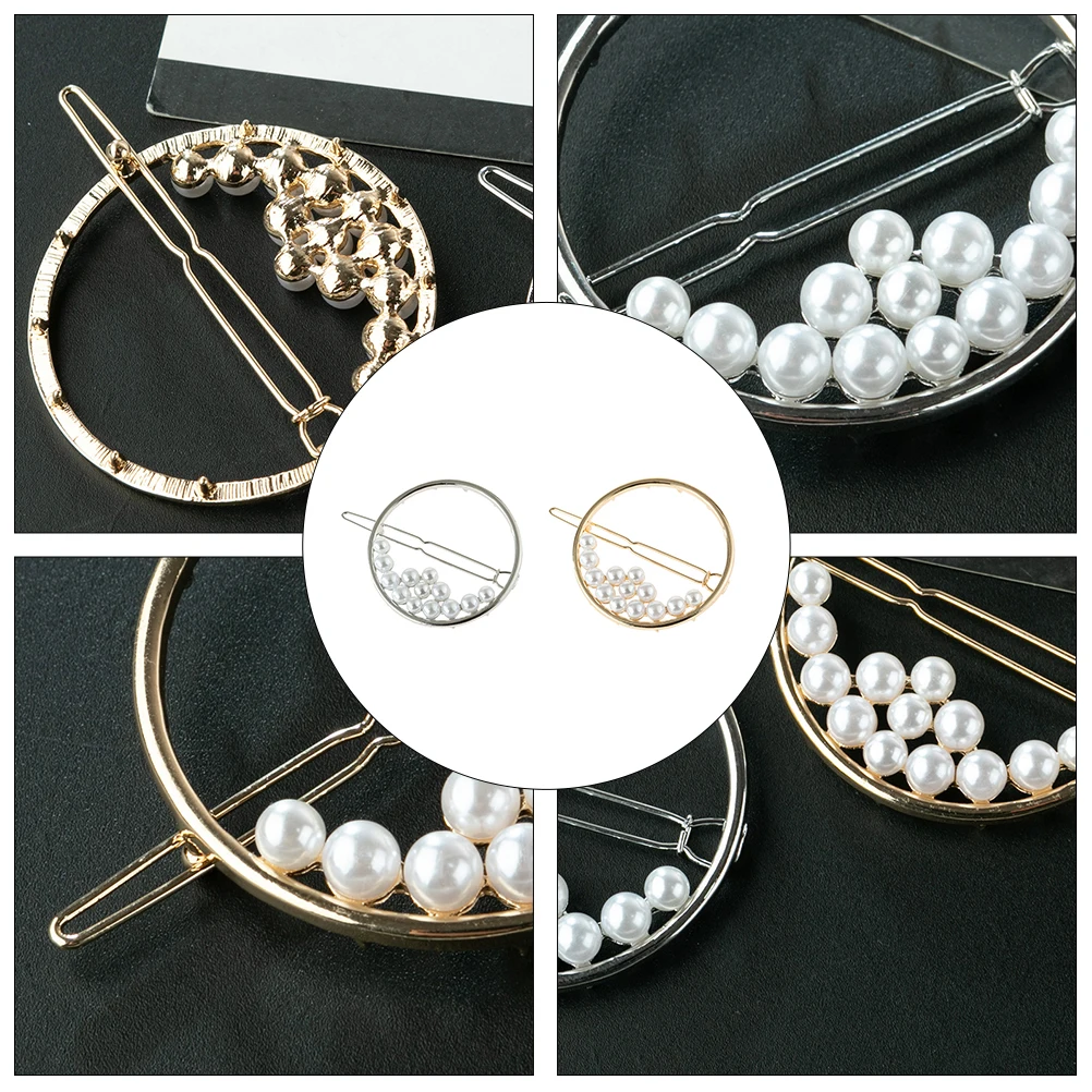 

2pcs Round Pearl Inlaid Hair Clips Non-Slip Alloy Bobby Pins For Women Girls Fashionable Hairpin Wedding Party Accessories