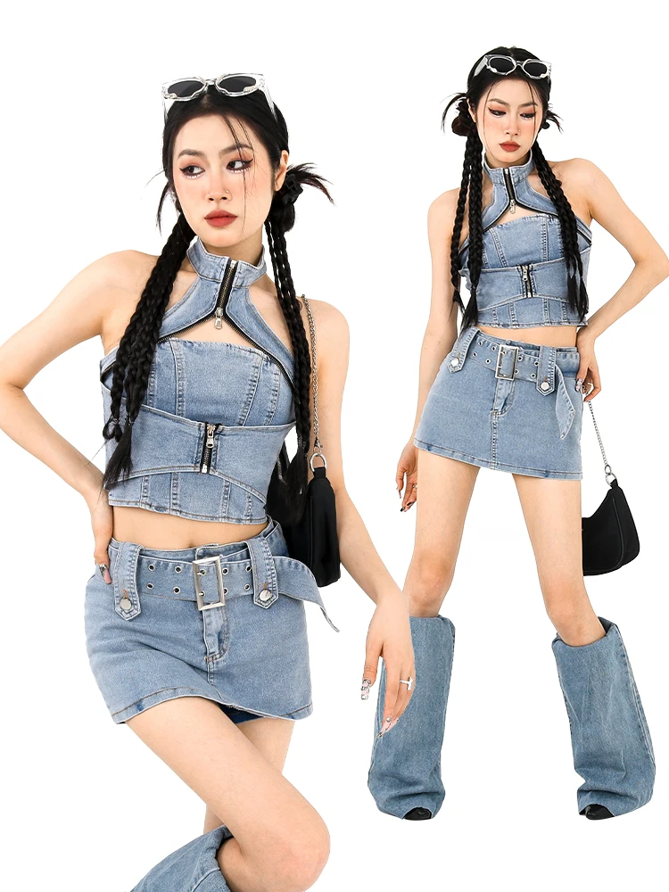 

Джинсовый комплект Millennial Hot Girl Y2K, женская зимняя юбка на бретелях, комплект из двух предметов, оригинальный дизайн, модный хлопок...