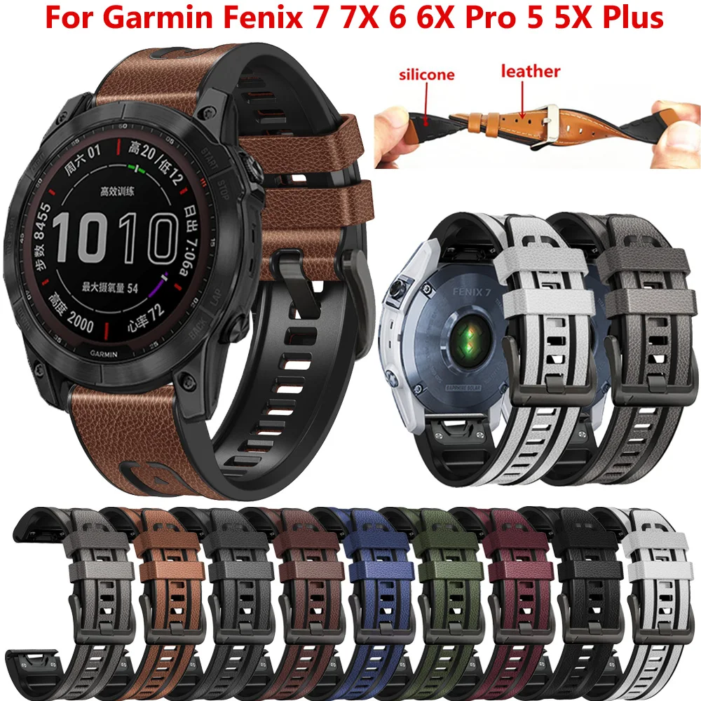 Leather + Silicone Strap For Garmin Fenix 7 7X 6 6X Pro 5X 5 Plus 945 3 3HR Band 22 26mm Smartwatch Quickfit Watchbands Bracelet