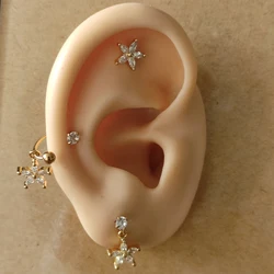 Golden Curved CZ Cartilage Stud Flower Helix Rook Conch Screw Back Earrings 316L Stainless Steel Ear Piercing Jewelry Lip Rings