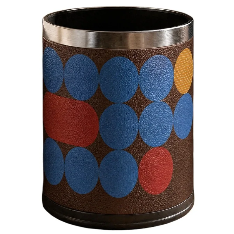 Mid-century Dot Pattern Faux Leather Trash Can, Pop Art Style Waste Bin for Living Room Bedroom Household Storage Decor