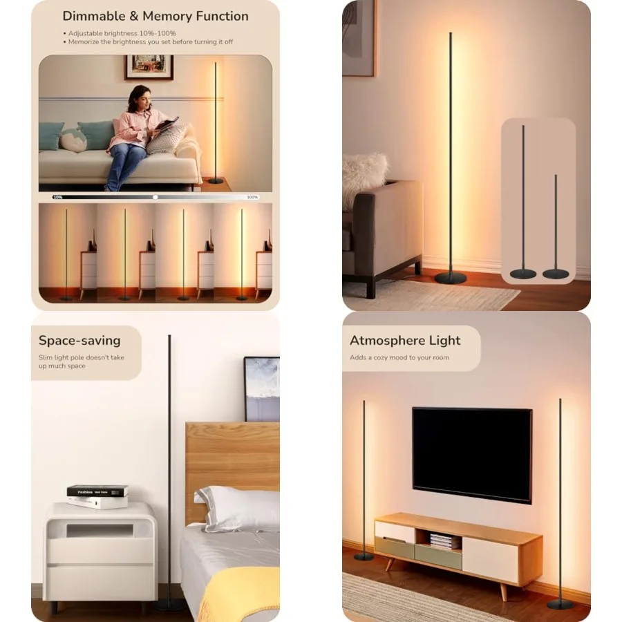 

LED Corner Floor Lamp, 57.5" Minimalist Dimmable Sleek Light, Adjustable Height, Standing Tall Floor Lamps for Living Room, Bed