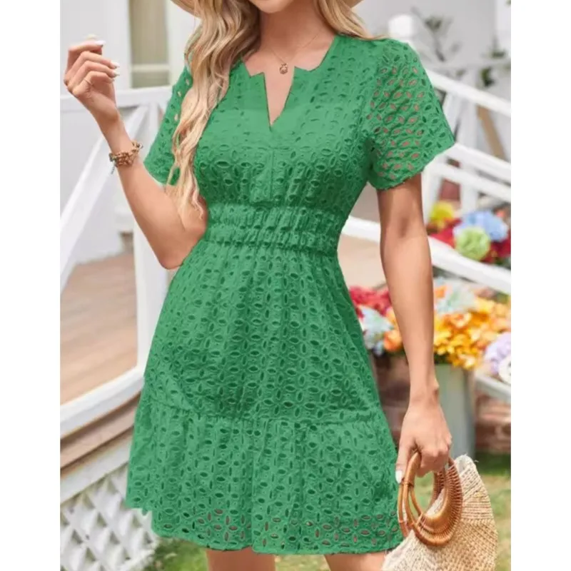 فساتين نسائية صغيرة على الموضة فستان دانتيل عتيق برقبة على شكل V وأكمام قصيرة وخصر مكشكش فساتين نادي حفلات الشاطئ #3