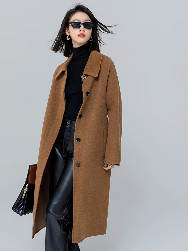 35% Camel Wool Lapel Women's Coat Long Hidden Hook Handmade Woolen Coat Loose Comfortable Women's Clothing Outerwear Coat