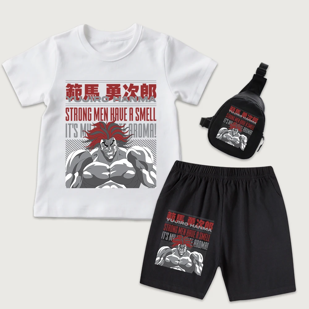 Conjunto de 3 Piezas de Camiseta de Algodón con Estampado de Anime Baki Yujiro Hanma, Pantalones Cortos y Mini Bolso de Pecho para Niños y Niñas, Atuendo Casual de Verano