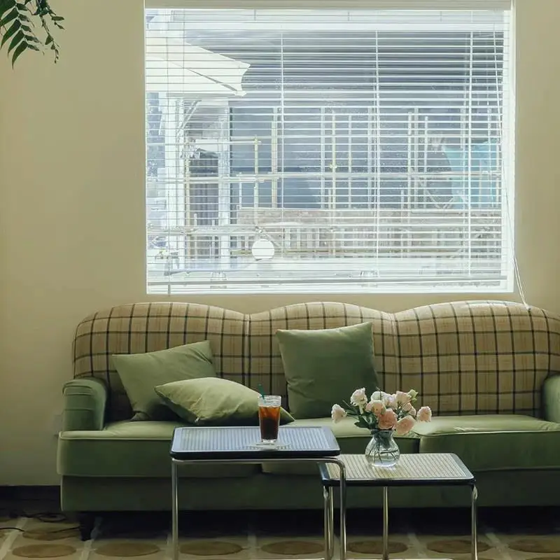 Retro French, medieval American, pastoral plaid sofa, small apartment living room, fabric double sofa