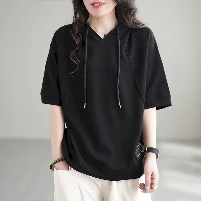 Oversized T Shirt Women Summer Hooded Half Sleeve T-shirt Korean Style Loose Tops 98% Cotton Fashion Design Solid Tshirt Y2k Top