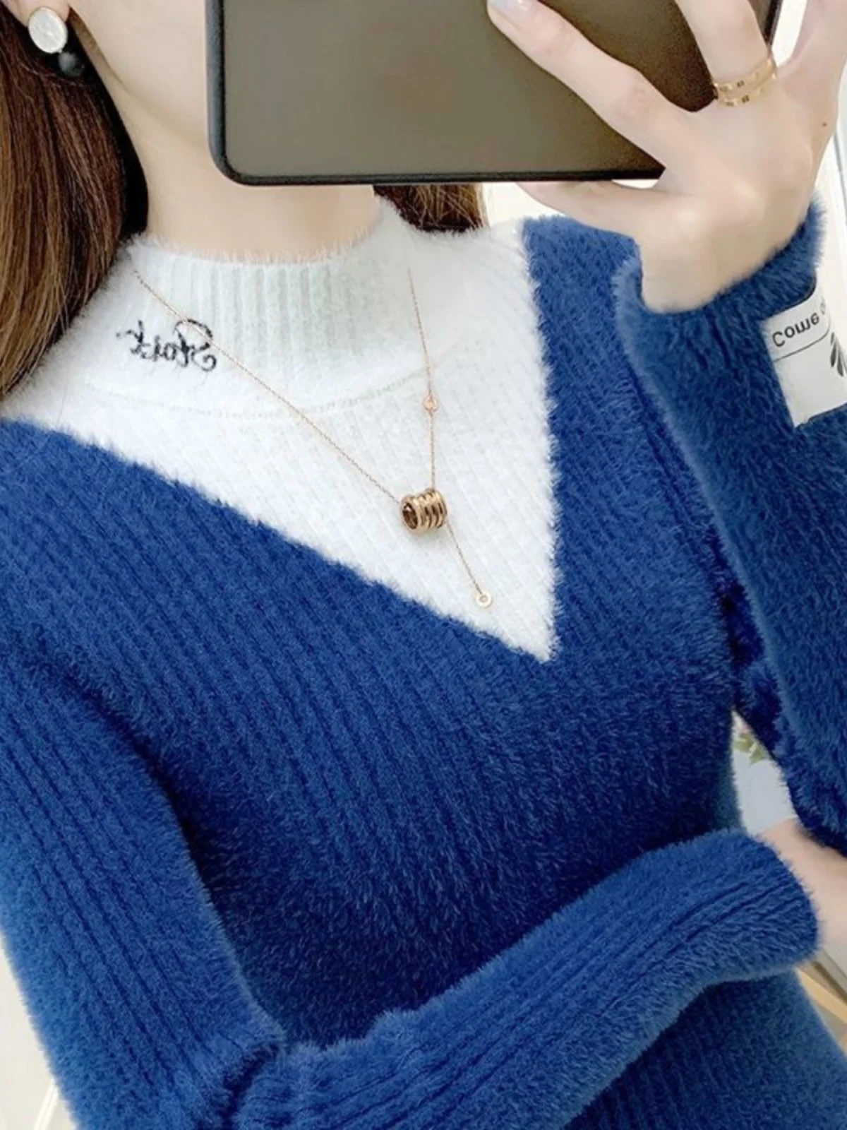 レディーススリムフィットベースシャツハーフハイカラーニットセーターインナーウェアツーピースセット秋ファッションカラーブロックデザイン