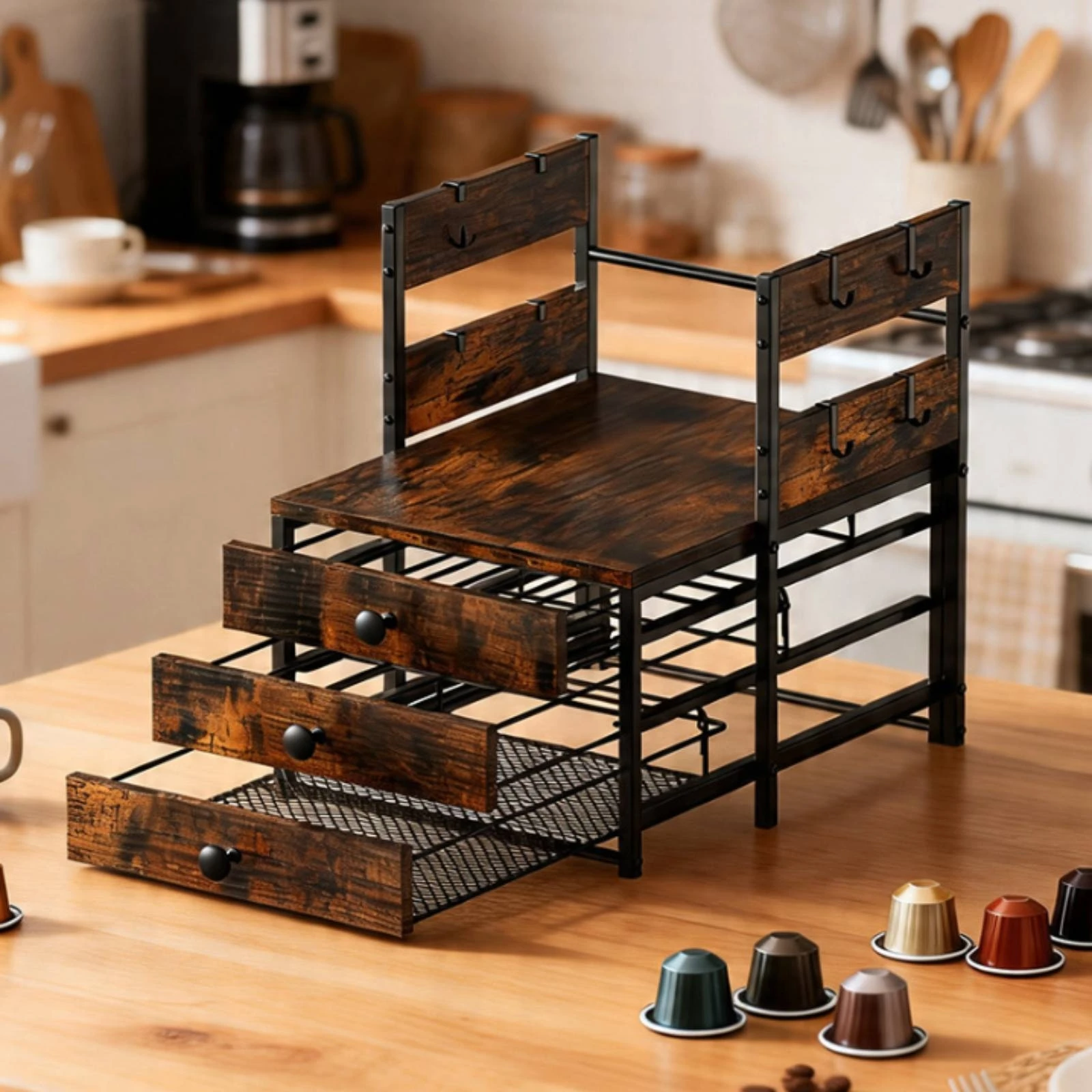 Coffee Bar Shelf with Drawers Rustic Coffee Station Organizer with Drawer Mug Holder Sturdy Furniture Multifunctional view 6
