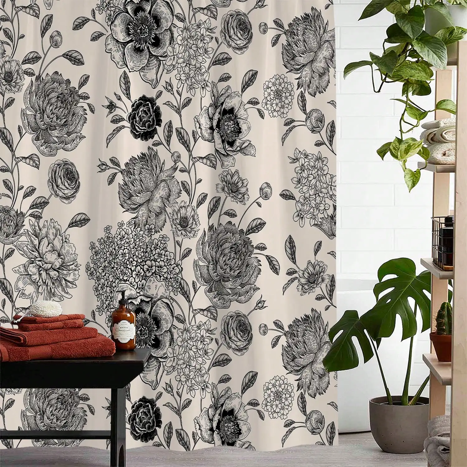 1pc Vintage Flower Print Shower Curtain, Waterproof Bathroom Curtain With 12 Plastic Hooks,Machine Washable,For Bathroom Divider