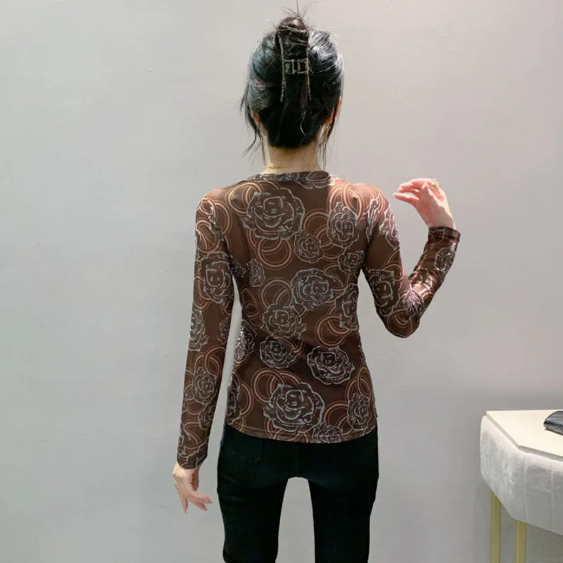 #8865 Spring Vintage Mesh Long Sleeve T Shirt Women Round Neck Skinny T-shirt Female Flower Printed Streetwear Tshirt Slim Fit