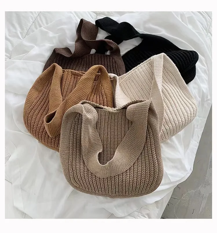 Large Hasp Cotton Fabric Tote Women's Soft Morandi Color Shoulder Bag Simple Khaki French Casual Minimalist Knit Korean Black