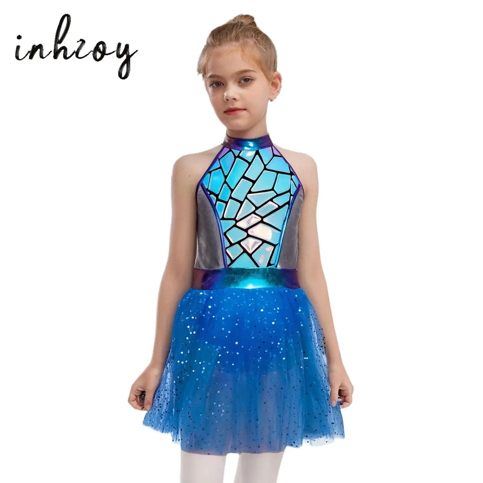 

Girls Halloween Party Alien Cosplay Costume Sequins Shiny Metallic Halter Sleeveless Mesh Tulle Tutu Dress Jazz Ballet Dancewear