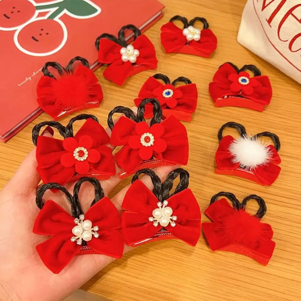 Lovely Bow Flower Fake Braid Headwear Headdress Plush Ball Girl Wig Hair Clip New Year Hairpin Hair Accessory Red Bangs Clip