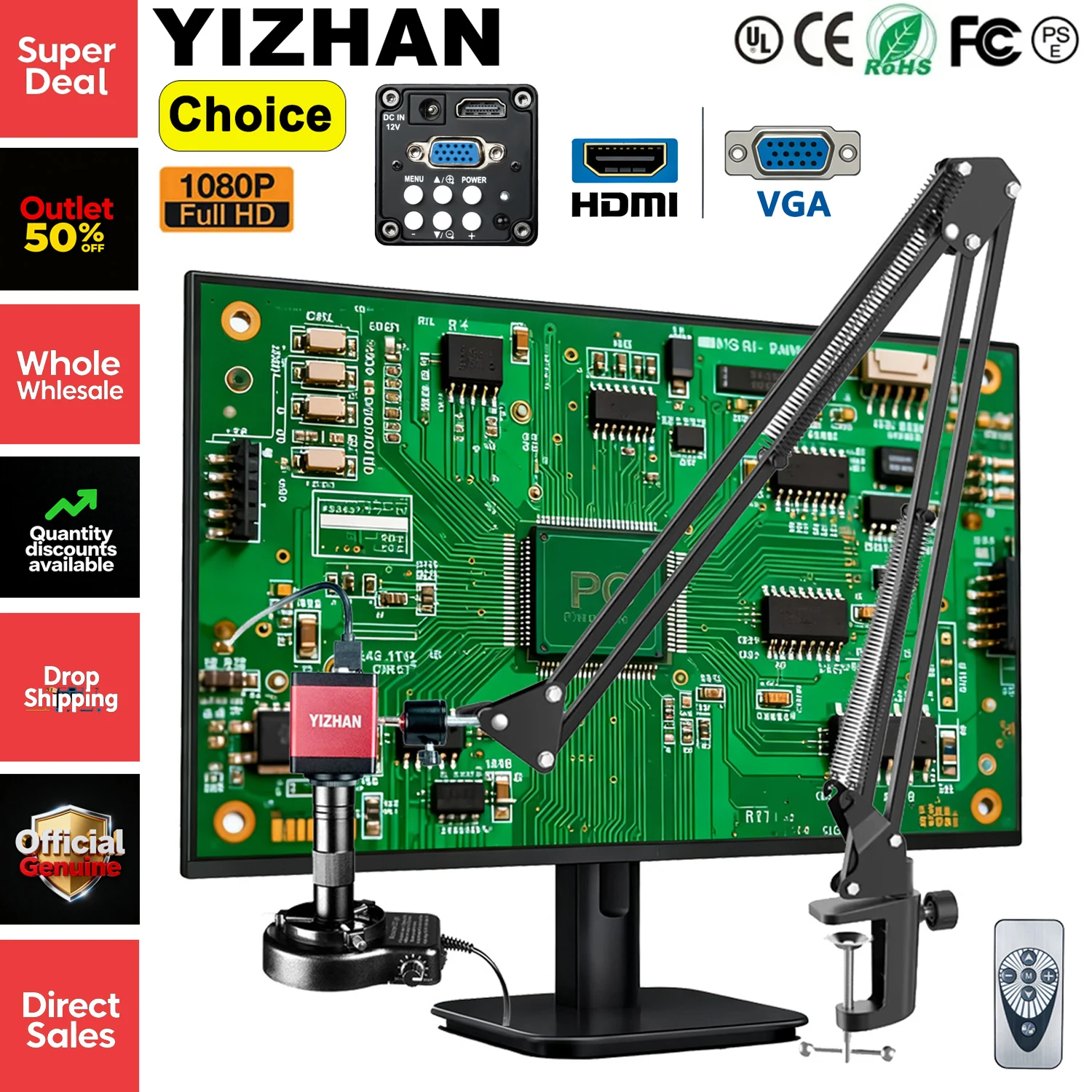 YIZHAN 1080P HDMI Industrial Microscope 150X C-Mount Lens Remote Control Digital Microscope For PCB Soldering Gem Identification