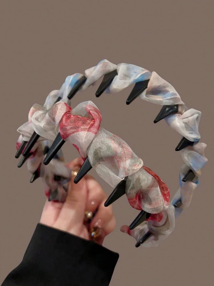 1 Stück bedrucktes, plissiertes Netz-Haarband, rutschfestes Haarband mit gewelltem Zahnkamm, multifunktionales, modisches Haar-Accessoire – Detail 5