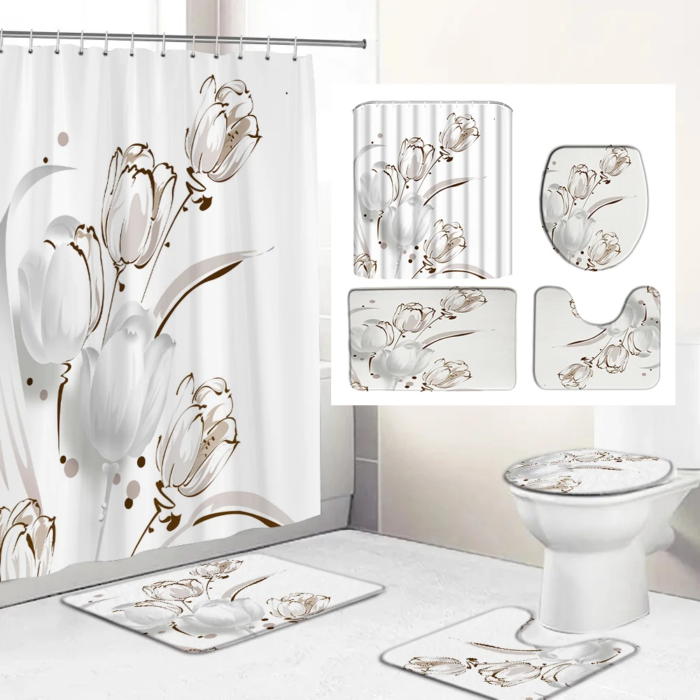 White Flower Printed Fabric Shower Curtains Bathroom Curtain Set Flower Anti-skid Rugs Carpet Toilet Lid Cover Bath Mat Sets