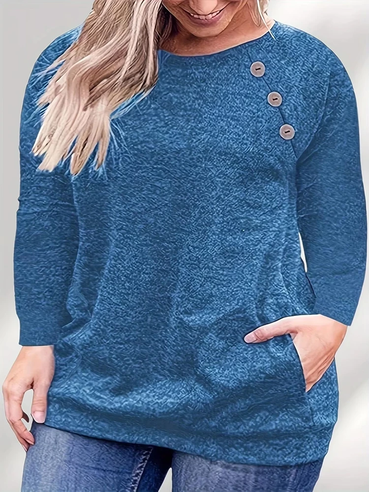 Latest Plus Size Women's Long Sleeved Button Pocket T-shirt  Women's Solid Color Fashionable Long Sleeved Top