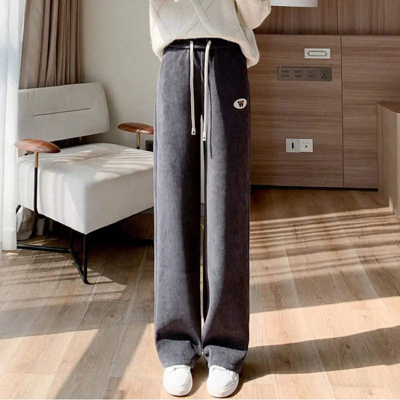 2023 New Women's Clothing Solid Color Office Lady Simplicity Lacing Drawstring Pocket Straight Wide Leg Pants Elastic Waist