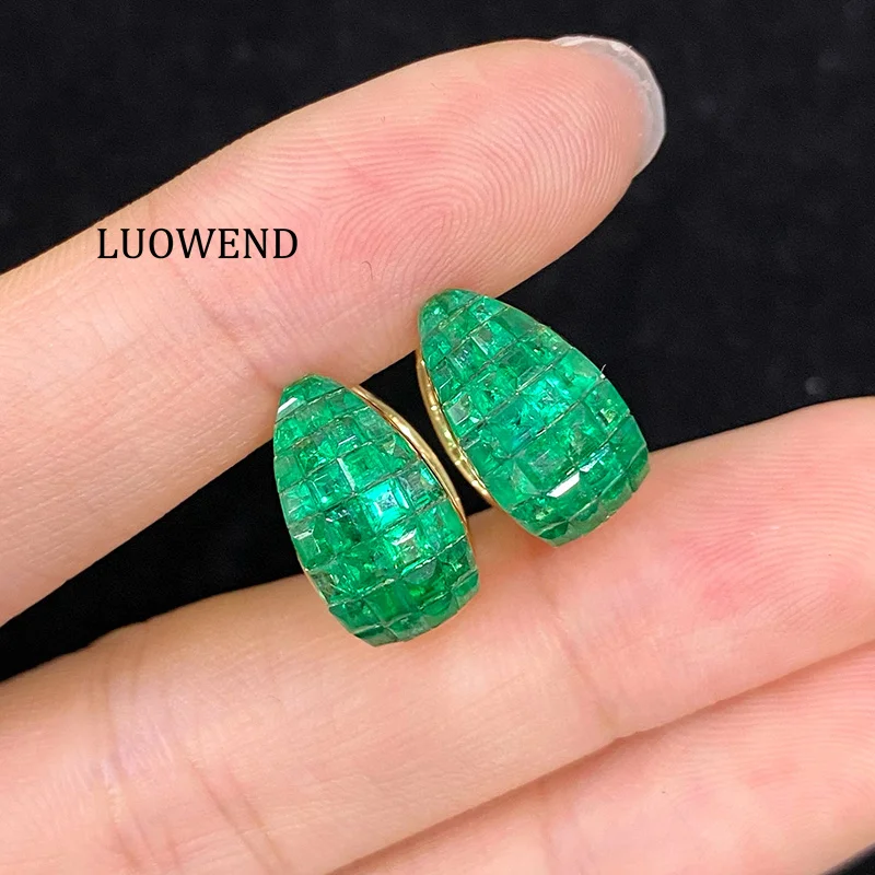 LUOWEND 100% 18K Yellow Gold Earrings Women Luxury 4.0carat Natural Emerald Hoop Earrings Elegant Simple Style Fine Jewelry