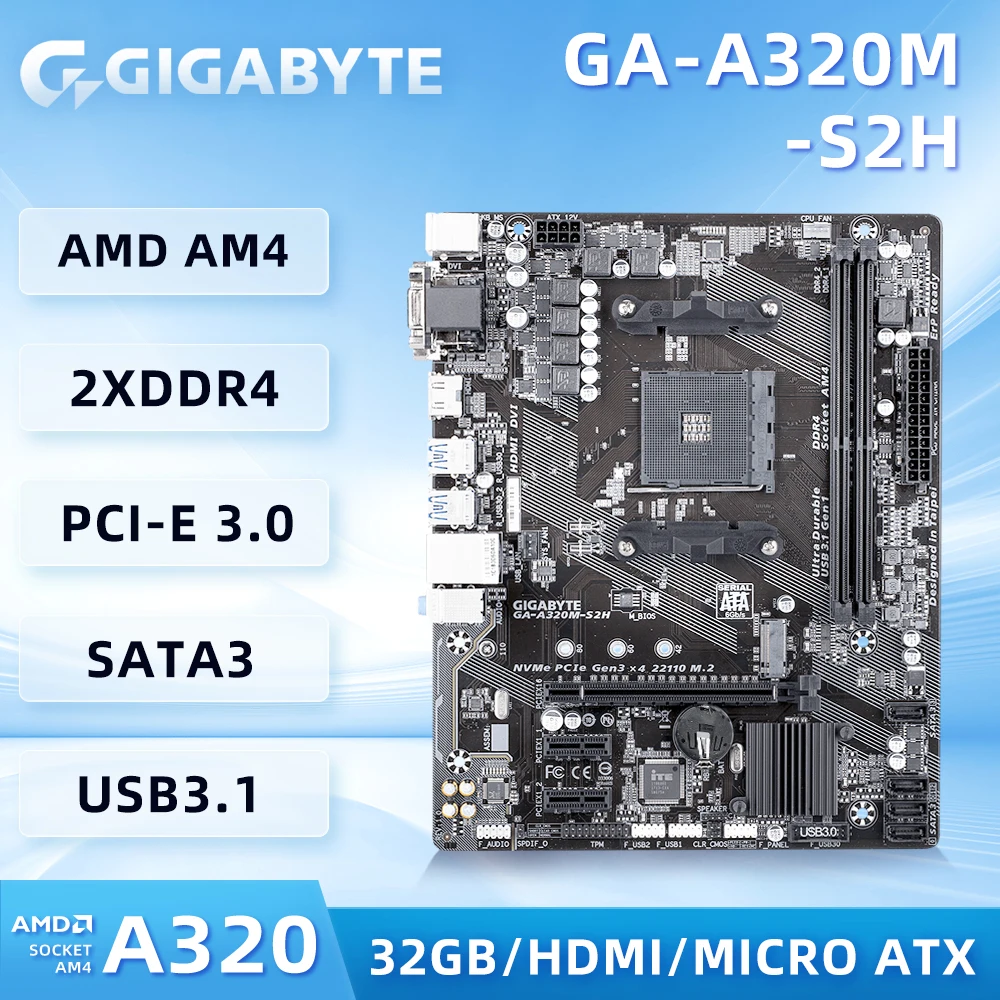 

GIGABYTE GA-A320M-S2H Motherboard AMD A320 2 x DDR4 DIMM up to 64 GB 1 x M.2 4 x SATA USB 3.1 Gen 1 HDMI DVI-D Used Motherboard