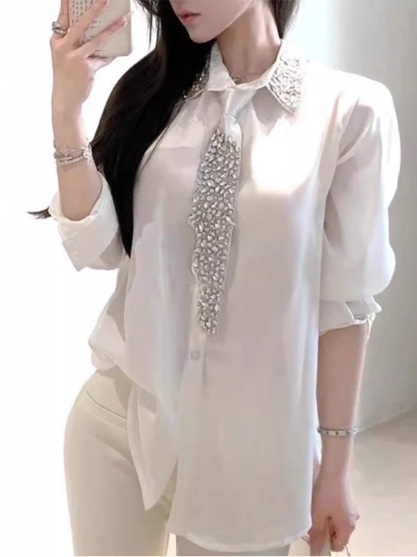 

Весна 2026: Женская повседневная свободная блузка с объемной вышивкой из атласной ткани с завязками, в корейском стиле, для офиса, с длинным рукавом