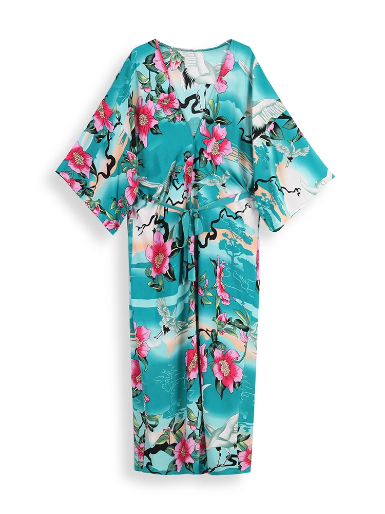 Letnia narzutka plażowa kolorowy nadruk Boho Plus Size w stylu Kimono House Dress 2024 kobiet osłona do Bikini wakacyjny