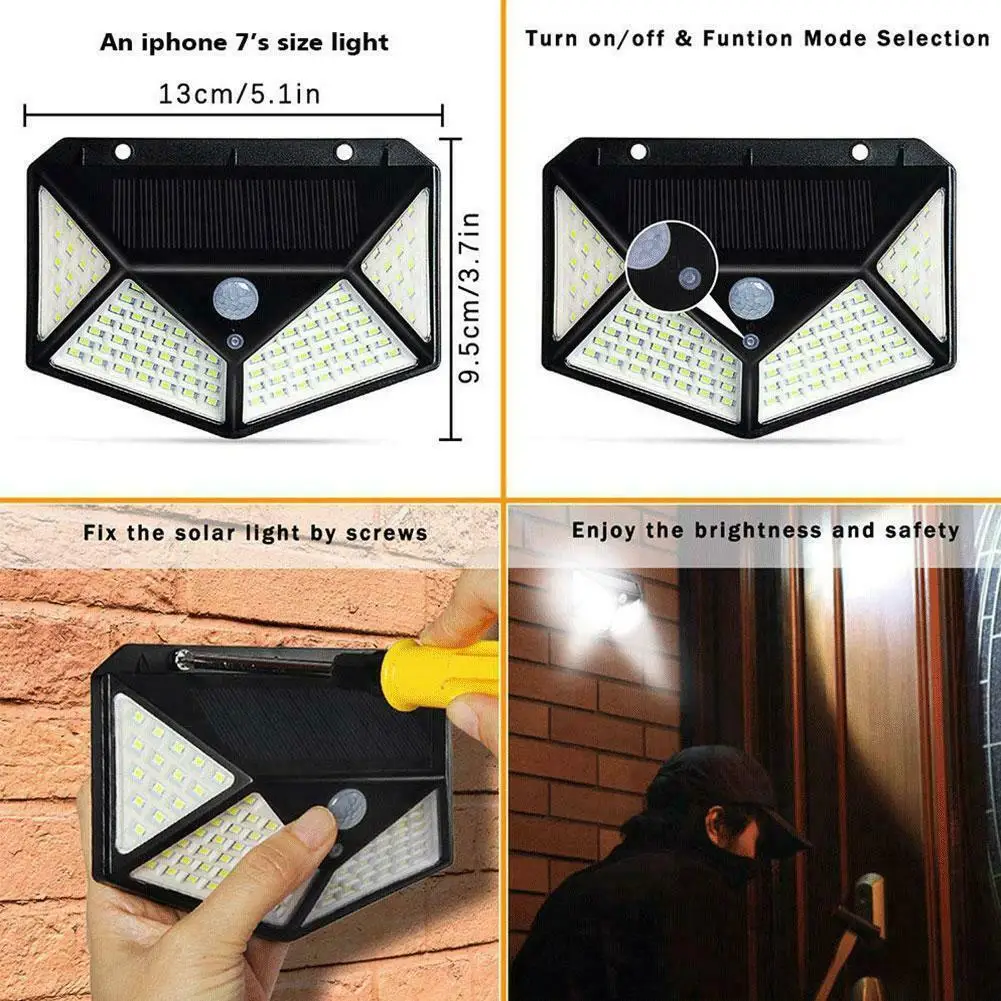 100 LED Solar Wall Lamp 3 Modes All Sides Luminous Motion Sensor Human Induction Courtyard Waterproof Stairs Outdoor Wall Light