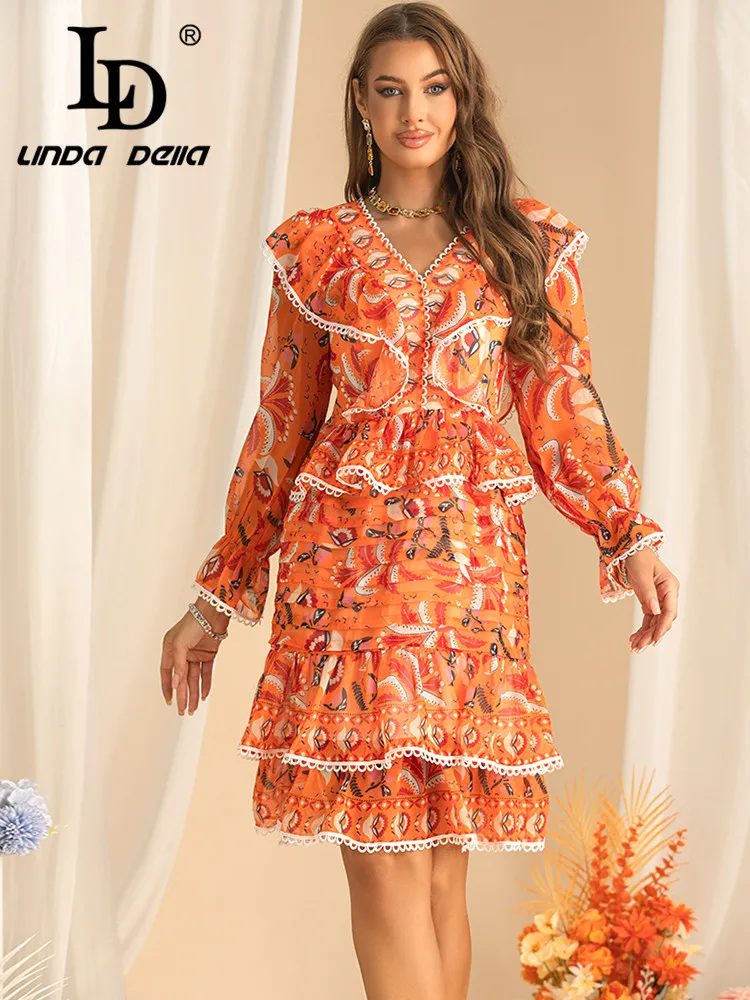 LD LINDA DELLA Autumn Women's Dress V-Neck Flare Sleeved High waist Flounced Edge Print Romantic Daily Basic Short Dresses