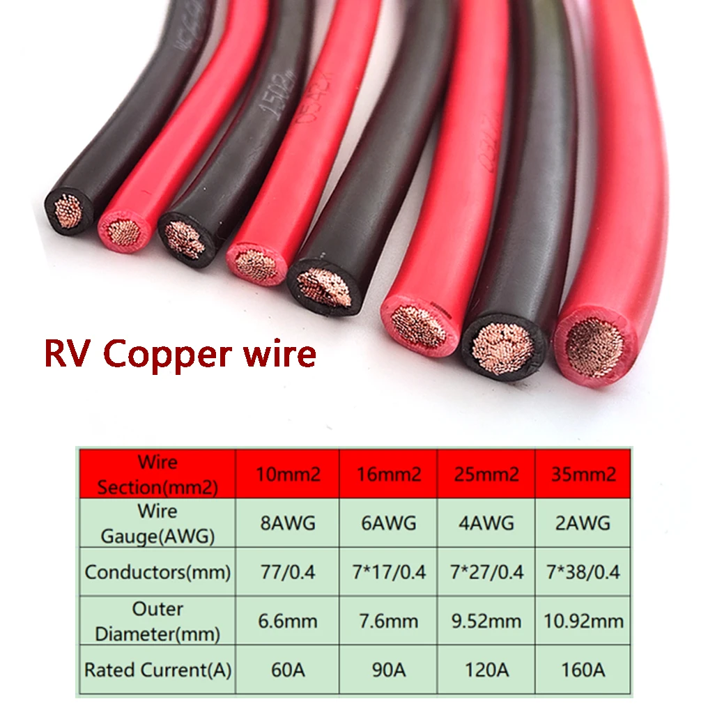 RV Soft Copper Wire 10mm2 16mm2 25mm2 35mm2 Strand Copper Cable Red Black Electrical Wires PVC Power Cables 8awg 6awg 4awg 2awg