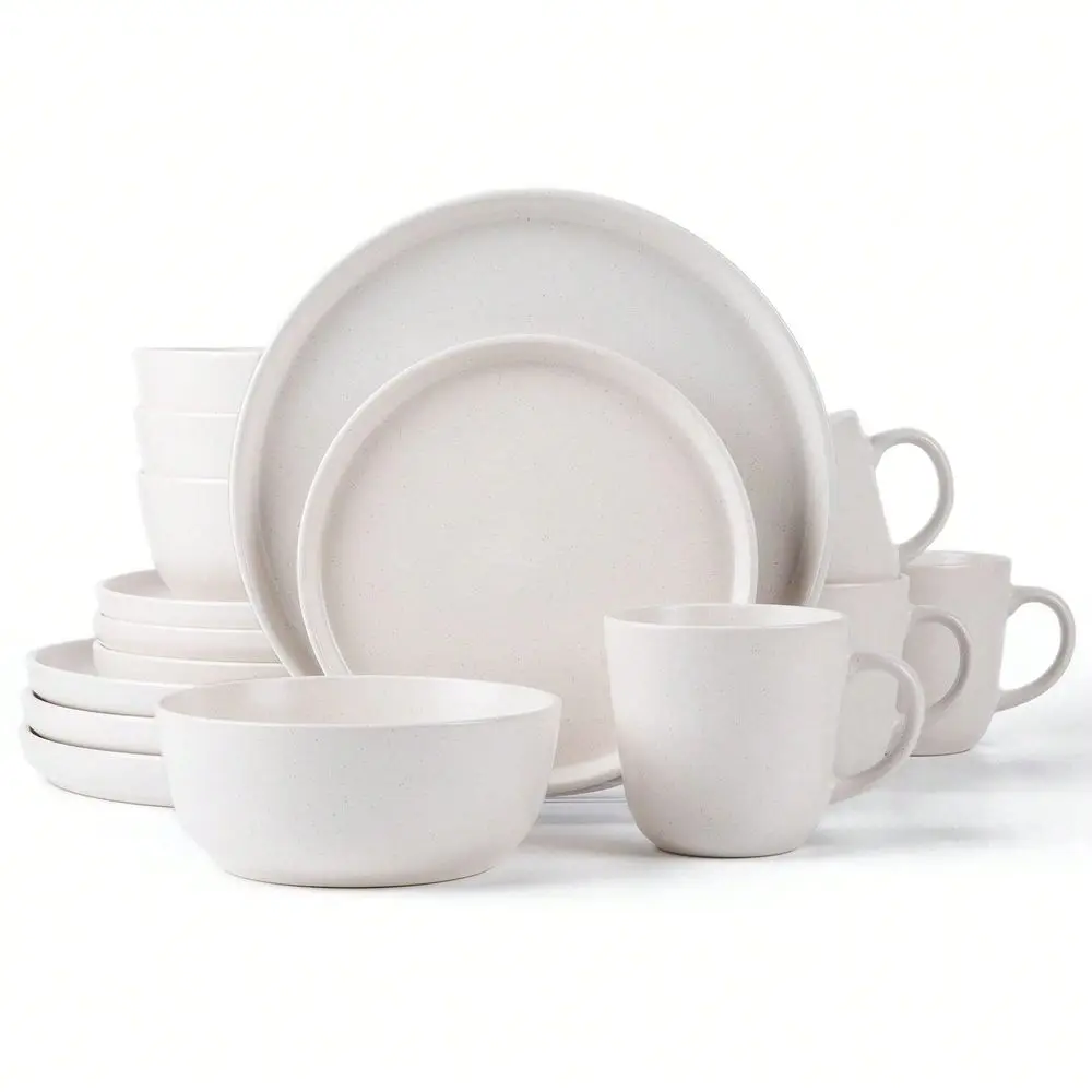 Juego de vajilla de gres de 16 piezas con doble cuenco para 4 personas, platos para la cena y platos para acompañantes, tazón para cereales y taza, blanco mate. Duradero y apto para microondas.