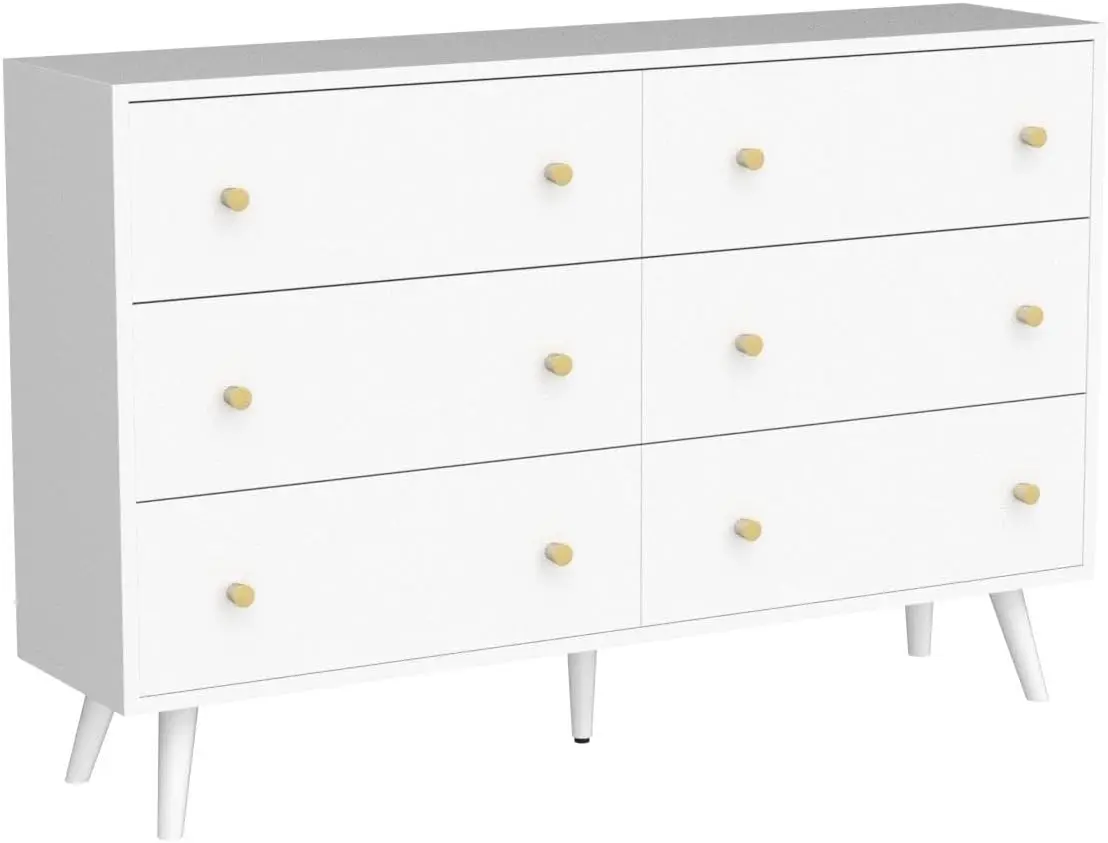 White Dresser for Bedroom, Modern 6 Drawer Dresser, Wide Chest of Drawers with Gold Handles, Wood Double Dresser Storage Cabinet