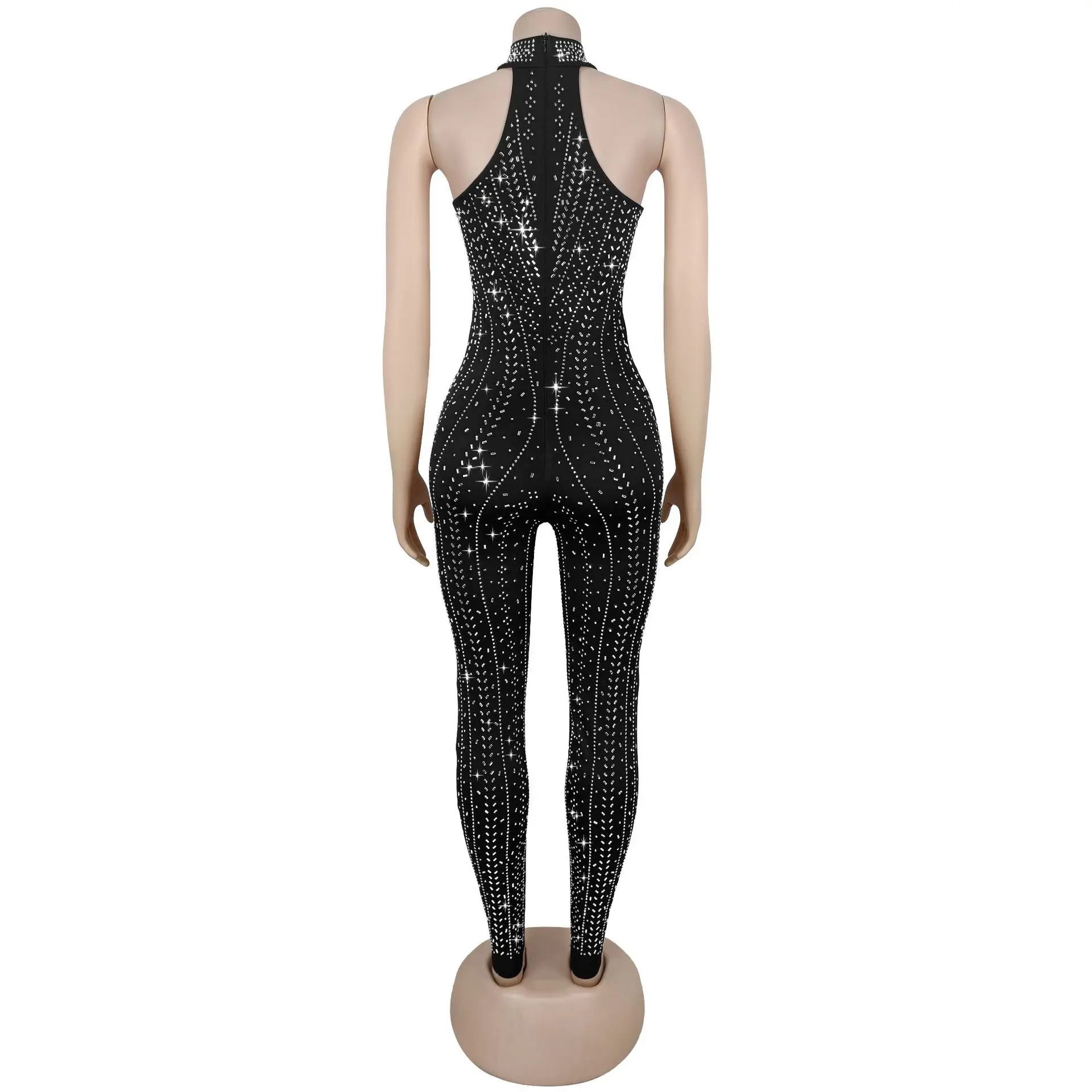 Diamanti Hot Strass Tuta nera 2025 Donna senza maniche Halter Body Sexy Club Party Donna One Pieae Tuta