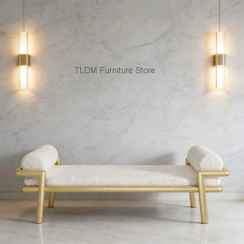 Modern Luxury Bench with Teddy Fabric Cushion & Cylindrical Armrests, Upholstered Entryway Bench for Living Room & Bedroom