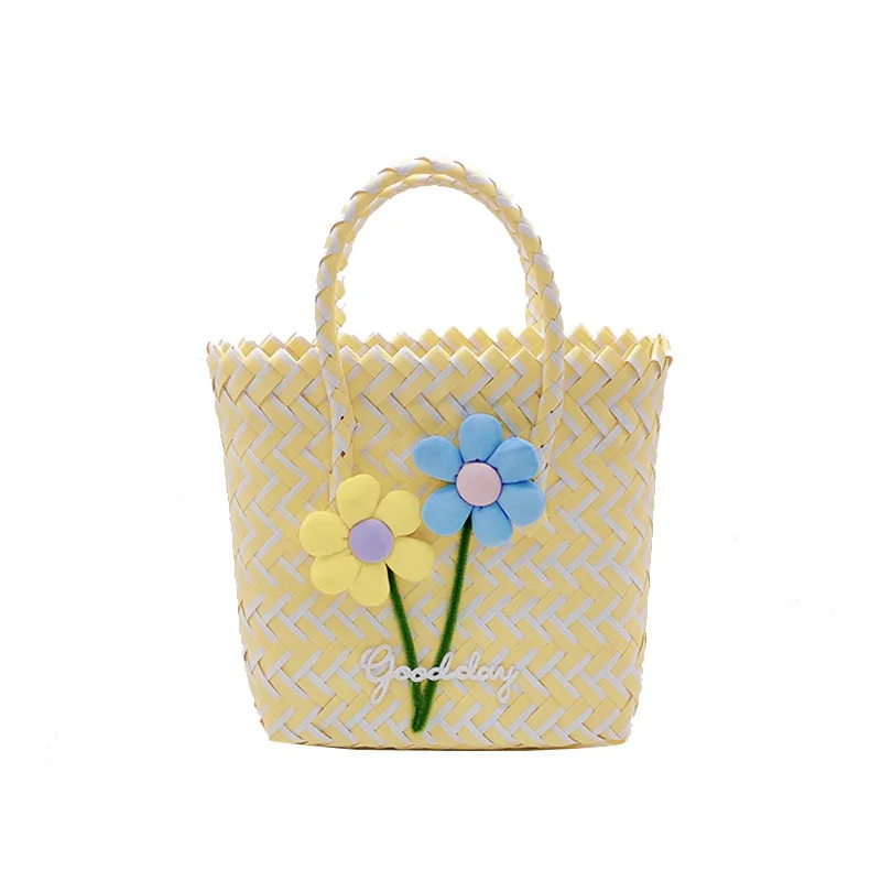LOERSS Knitted Yellow Flower Handbag Casual Women Nylon Bucket Bags Embroidery Large Capacity Top-Handle Bag 2023 New Design image 3