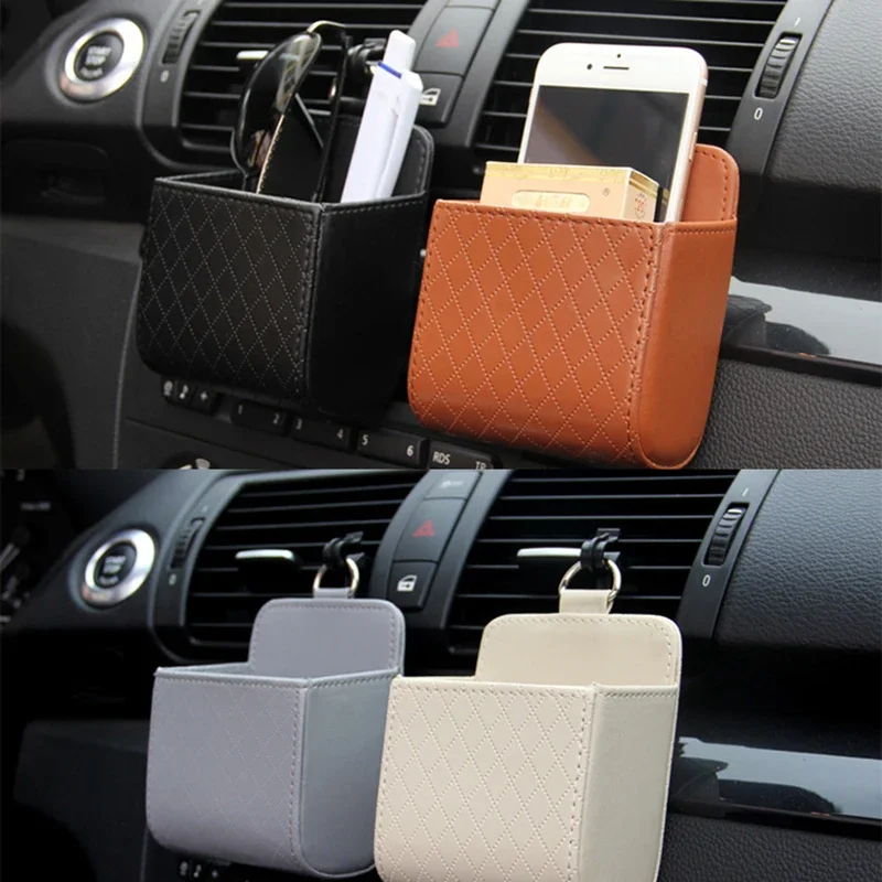 Car Storage Bag Air Vent Dashboard Tidy Hanging Leather Organizer Box Glasses Phone Holder Storage Organizer Car Accessories