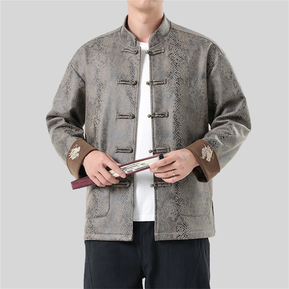 Plus Size Retro Dragon Embroidery Jacket Men Disc Buckle Loose Casual Jackets Coat Mens Harajuku Suede Snake Skin Print Jacket