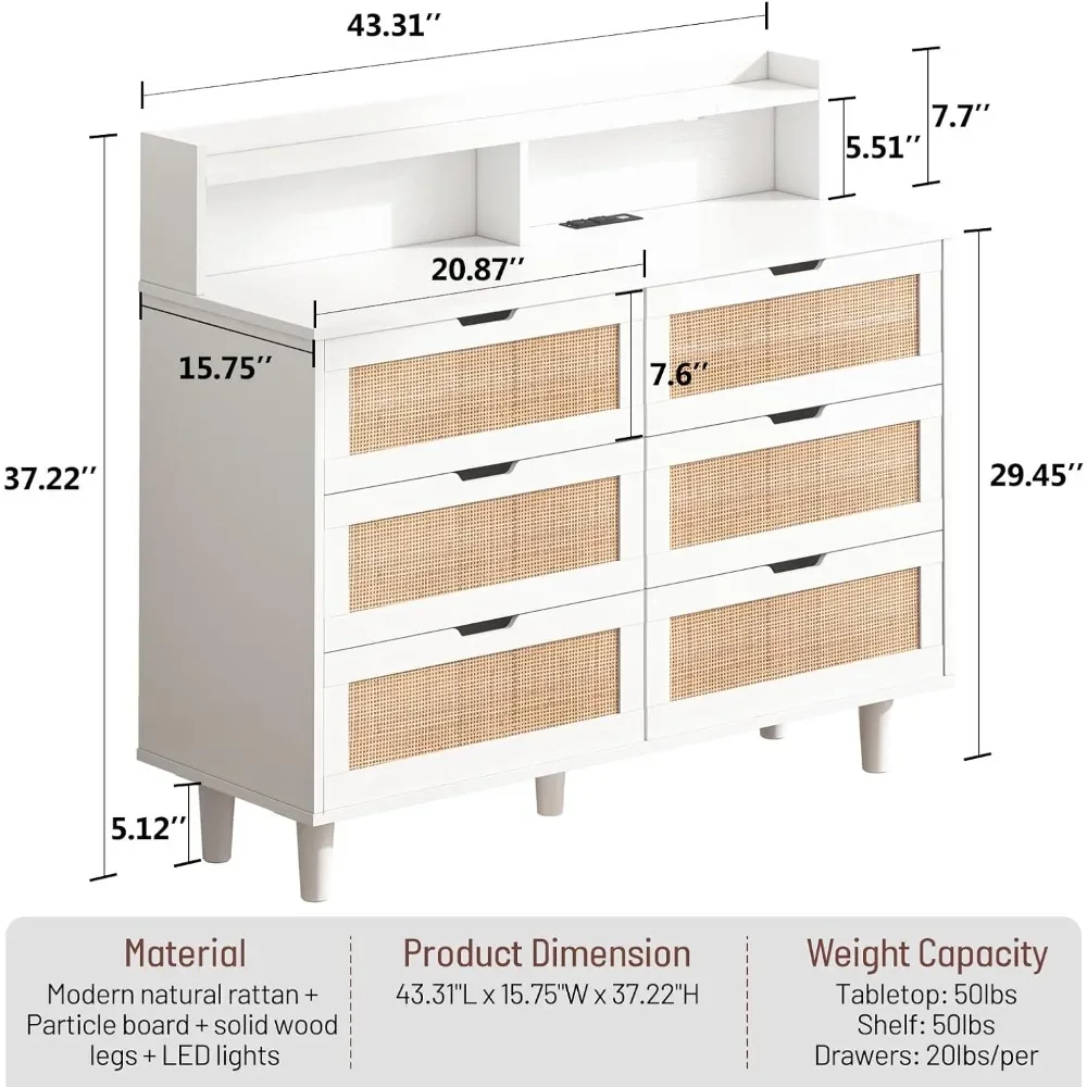 Elegant Sideboard Buffet Cabinet with 6 Drawers - 43'' White Cabinet with LED Lights and Power Outlet - Ideal Wood Coffee Bar