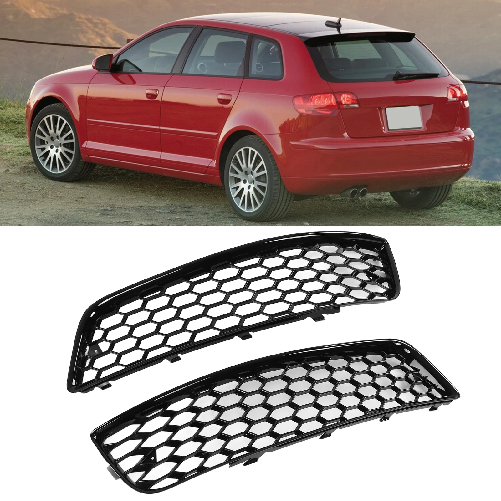 2Pcs ABS Gloss Black Front Bumper Fog Light Grille Cover Trim Fitit For Audi A3 8P 2009‑2013 8P0807681D 8P0807682D