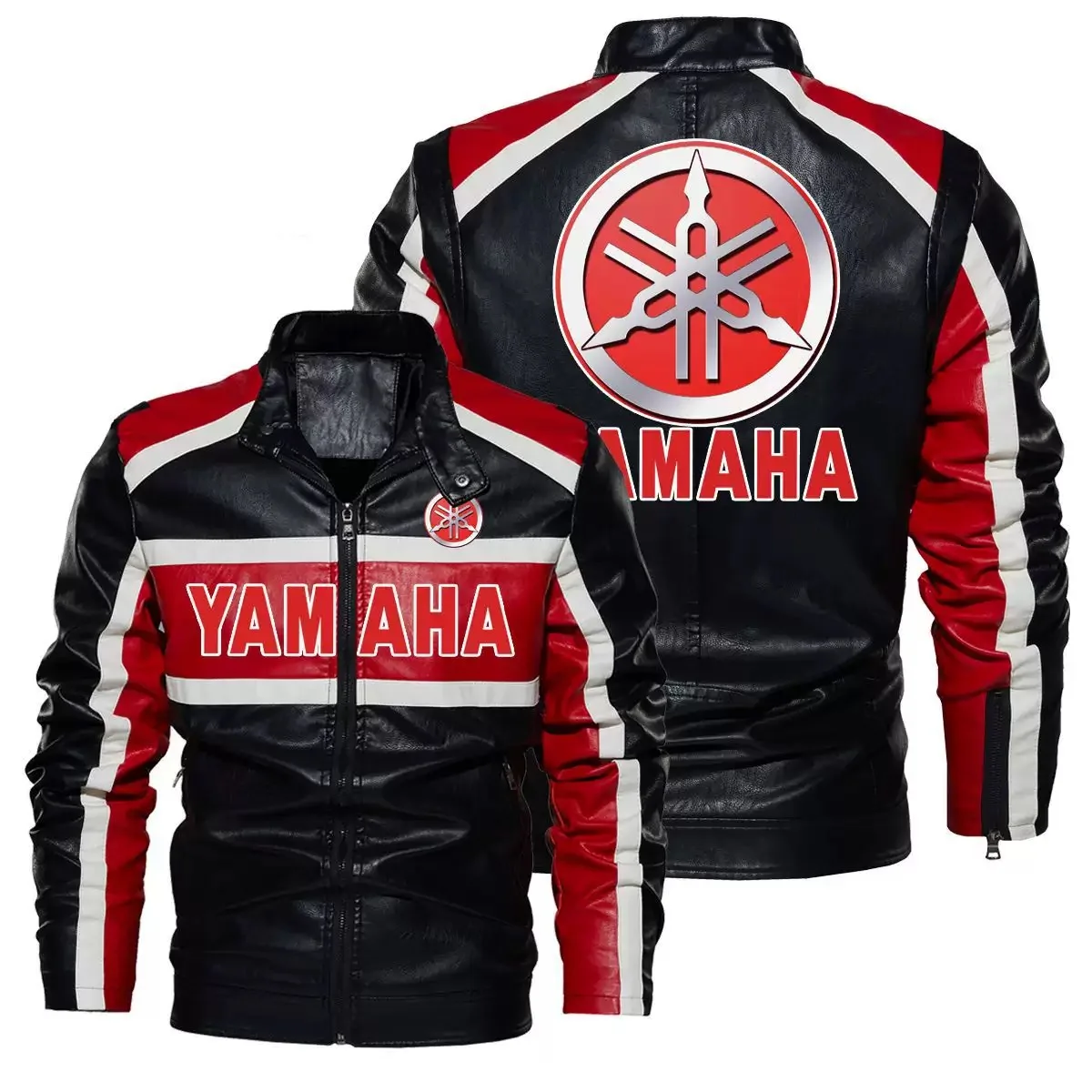 

Yamaha Windproof Motorcycle Leather Jacket Stand up Collar Zipper Design Contrasting Colors Men's Biker Jacket