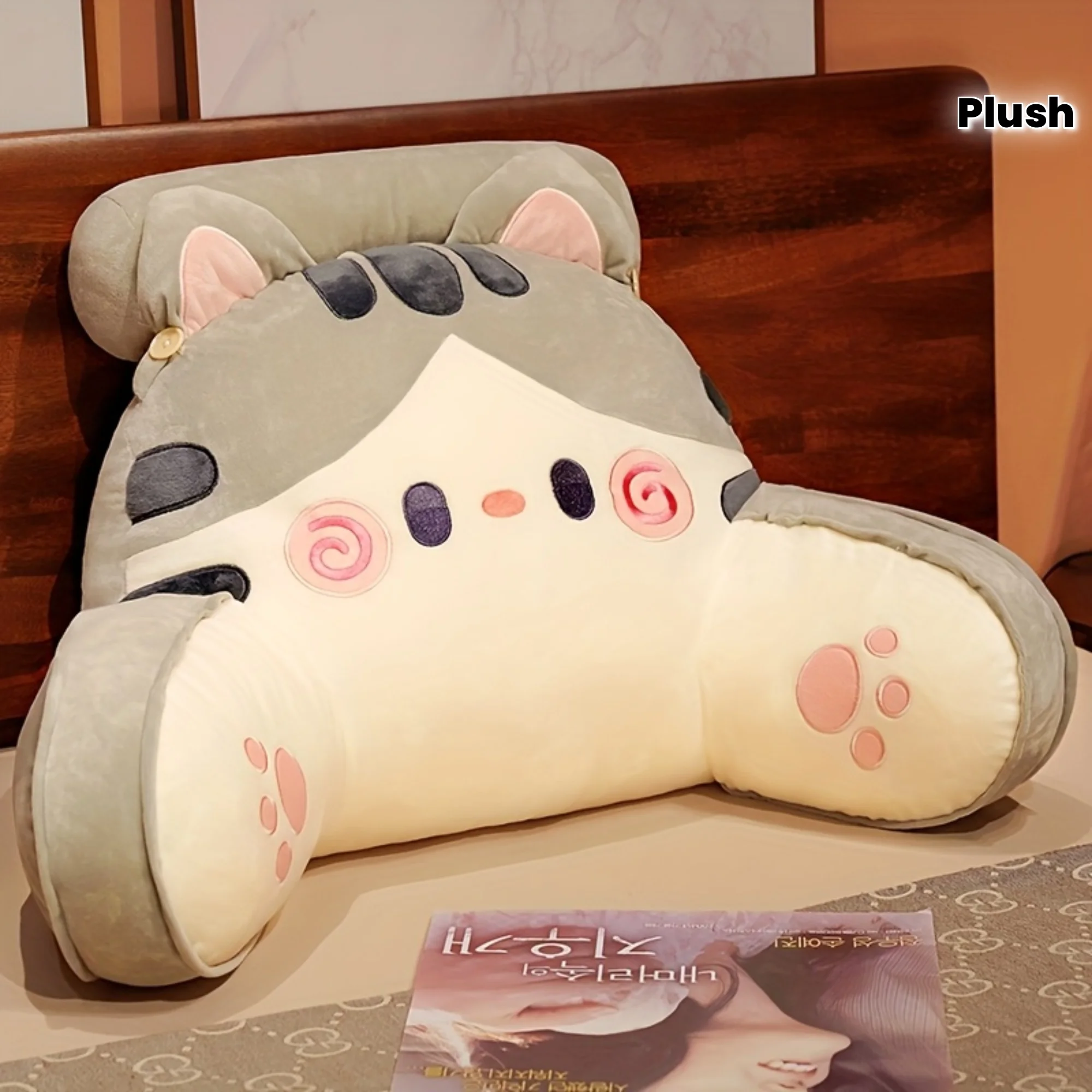 

Jumbo Cat Plush Pillow - Extra Thick Support for Office Chair, Car Seat & Sofa. Cozy Polyester Cushion in Gray/White.