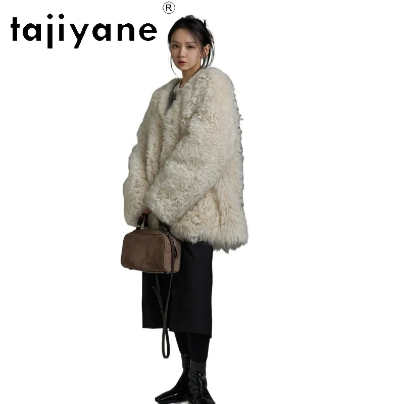 TAJIYANE Natural Tuscan Sheep Shearling Fur Jacket Women Winter Coats Oversized White Fur Coat Woman Clothing Fourrure Femme