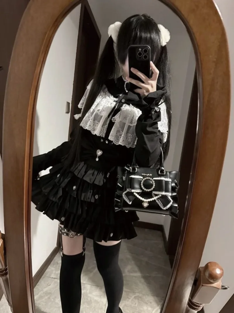 

Gothic Cute Girl Japanese Skirt Sets Lolita Girl Bow Lace Sweet Long Sleeve Tops + Skirt Two Piece Set 2025 Autumn New Clothes