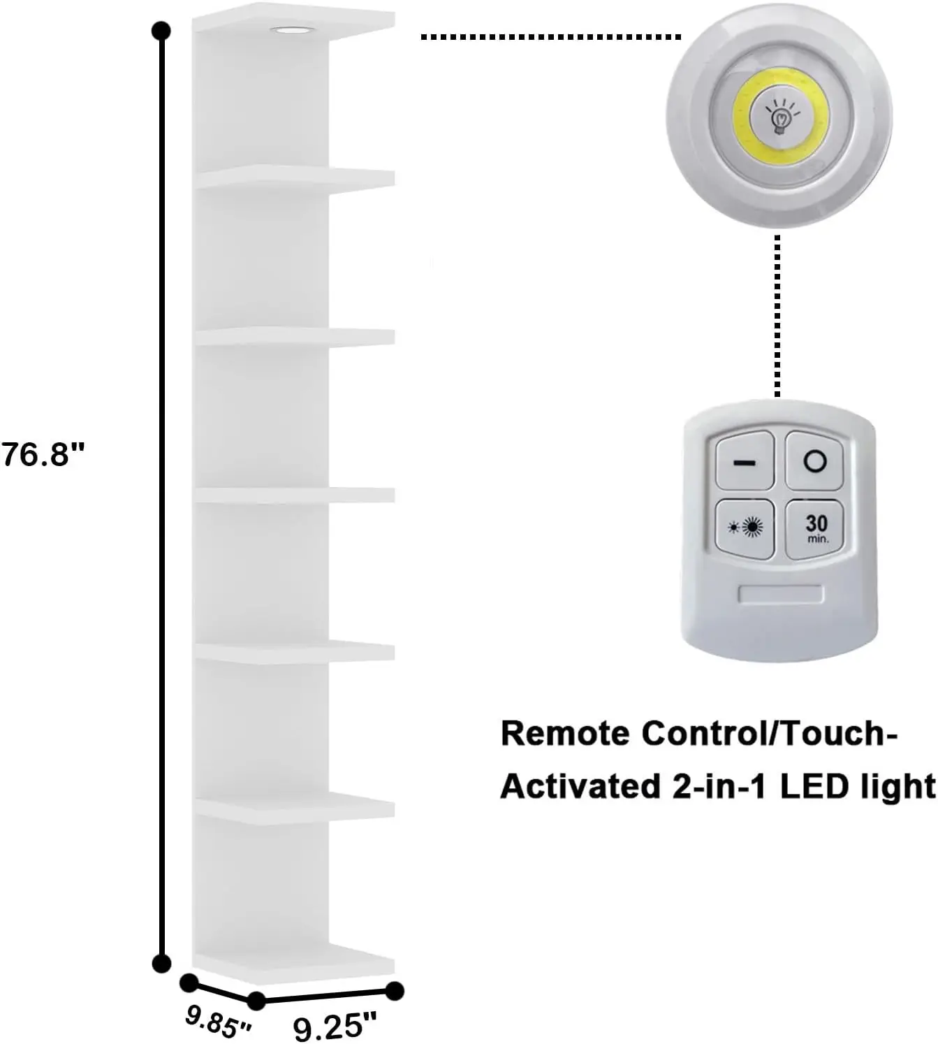 Unit Rak Dinding 7 Tingkat, Rak Dinding Kurang Putih, Rak Mengambang Pajangan dengan Lampu Remote Control LED