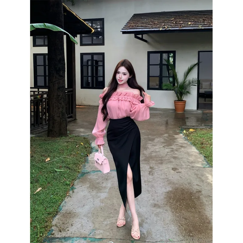 Soft Korean Pink Off Shoulder Chiffon Top Black High Waist Front Split Skirt Suit Elegance Office Lady 2-piece Set Feminine Wear